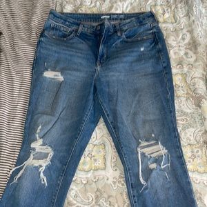 Straight leg, medium wash, distressed jeans